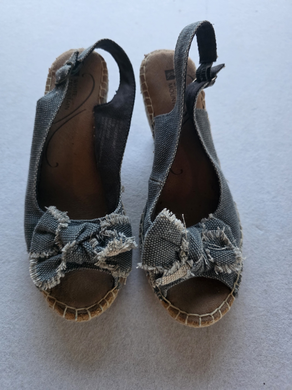 Cottagecore Boho Vibes White Mountain Denim Blue Frayed Bow Espadrille Wedges